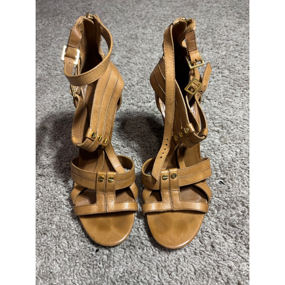 Tory Burch Tan Leather Gladiator Heeled Sandals Gold Hardware Size 7M